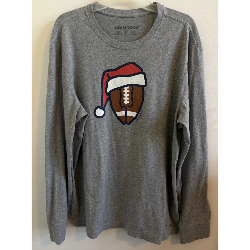 Life Is Good L/S Crusher Tee Grey Football Christmas T-shirt Lg (Fits XL)‎
